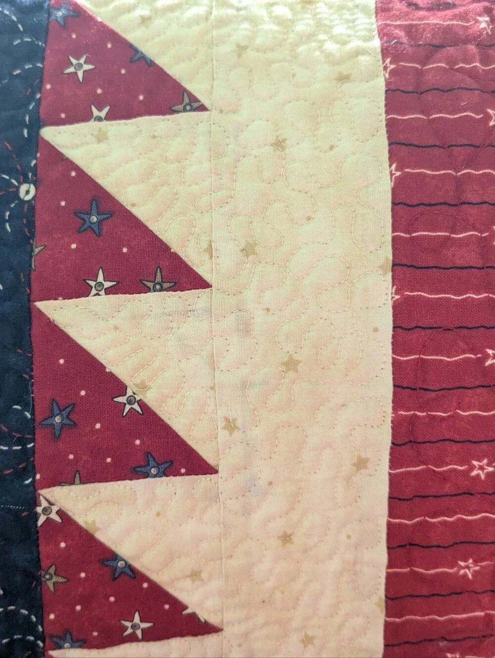 Patriotic Themed Quilt, Reds, Blues And Off-white Fabrics. Quilted And Signed